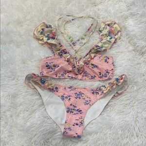 Pink Floral Ruffle Bikini Set - Women's Swim